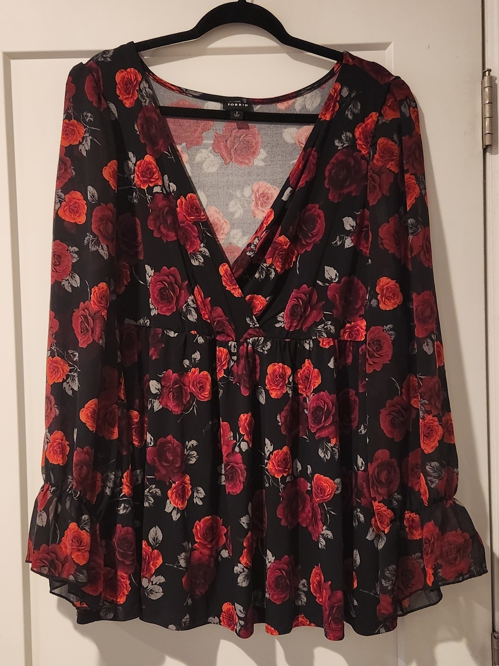 torrid Black Floral Surplice Peplum Blouse with Red & Burgundy Roses